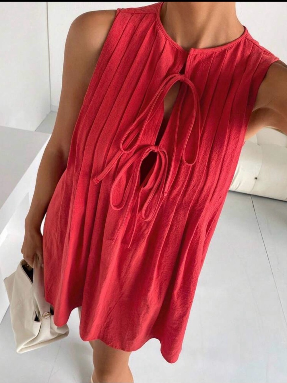 SHEIN Red Sleeveless Tie-Front Tunic Top